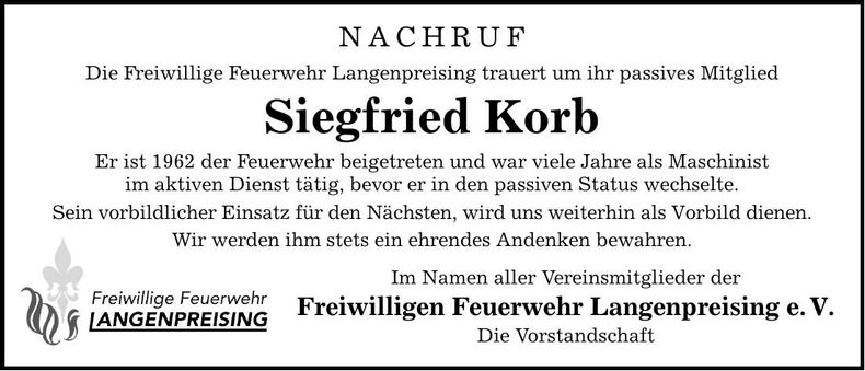 Traueranzeige Siegfried Korb