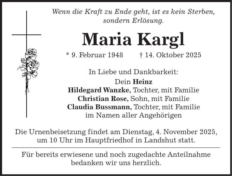 Traueranzeige Maria Kargl