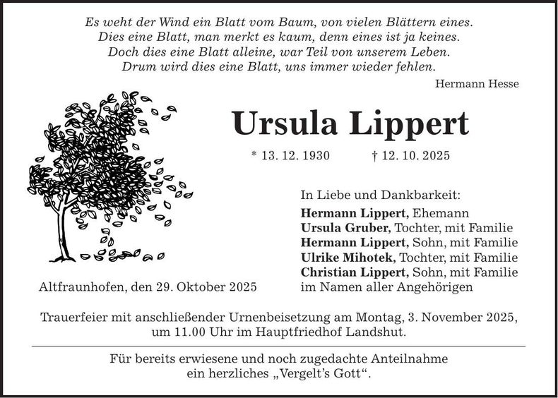 Traueranzeige Ursula Lippert