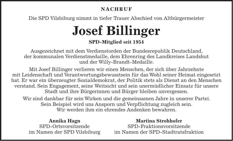 Traueranzeige Josef Billinger