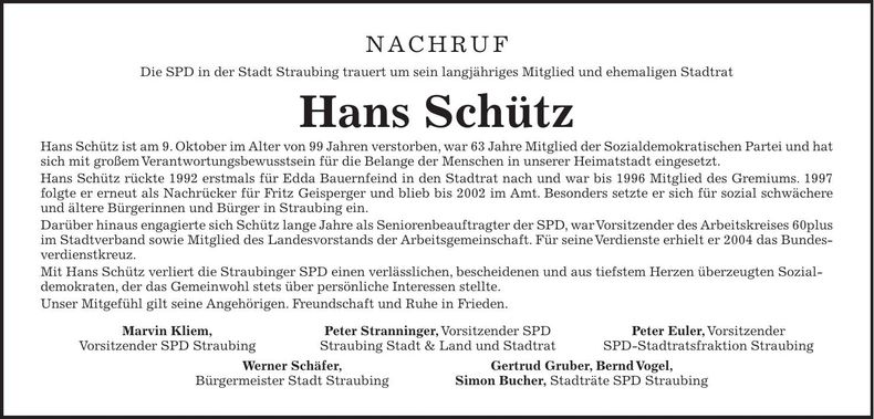 Traueranzeige Hans Schütz