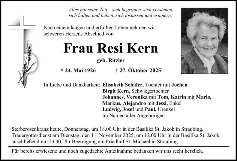 Traueranzeige Resi Kern