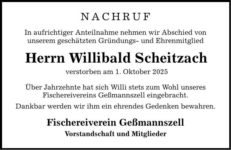 Traueranzeige Willibald Scheitzach