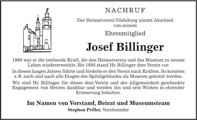Traueranzeige Josef Billinger
