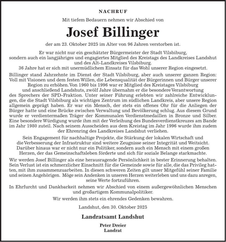 Traueranzeige Josef Billinger