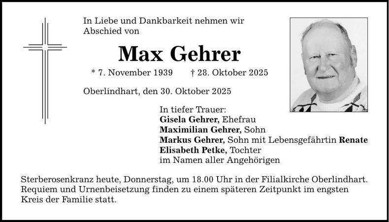 Traueranzeige Max Gehrer