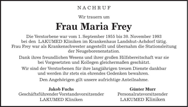 Traueranzeige Maria Frey