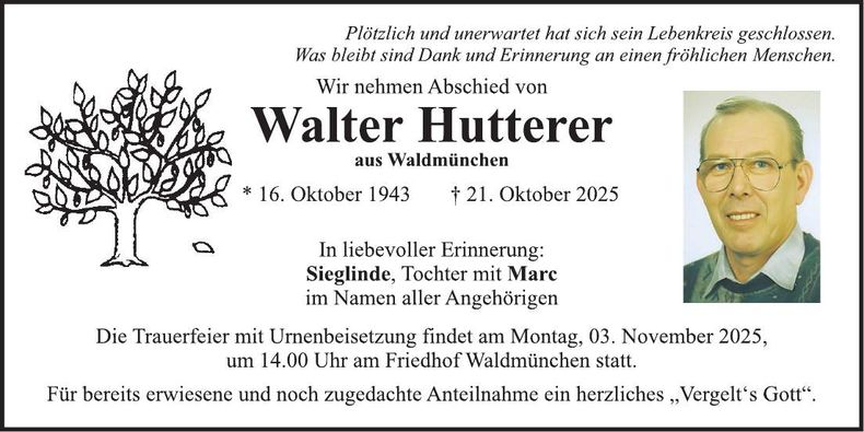 Traueranzeige Walter Hutterer