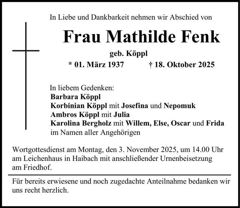 Traueranzeige Mathilde Fenk