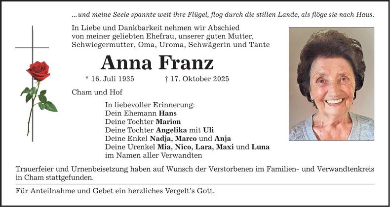 Traueranzeige Anna Franz