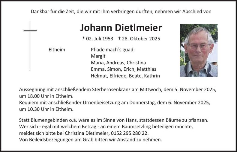 Traueranzeige Johann Dietlmeier