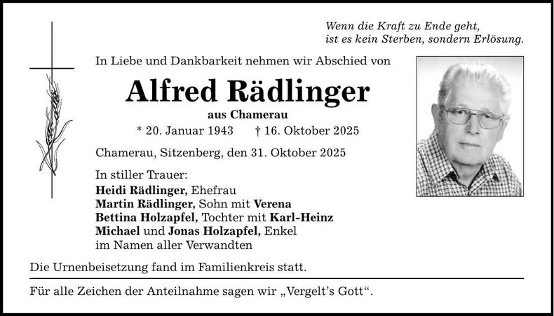 Traueranzeige Alfred Rädlinger