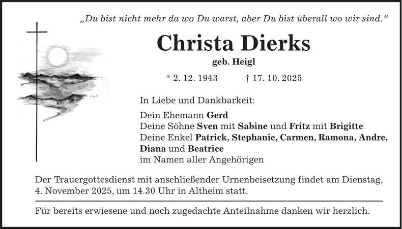 Traueranzeige Christa Dierks