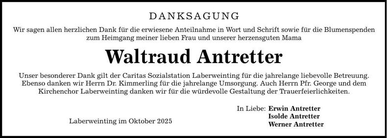Traueranzeige Waltraud Antretter
