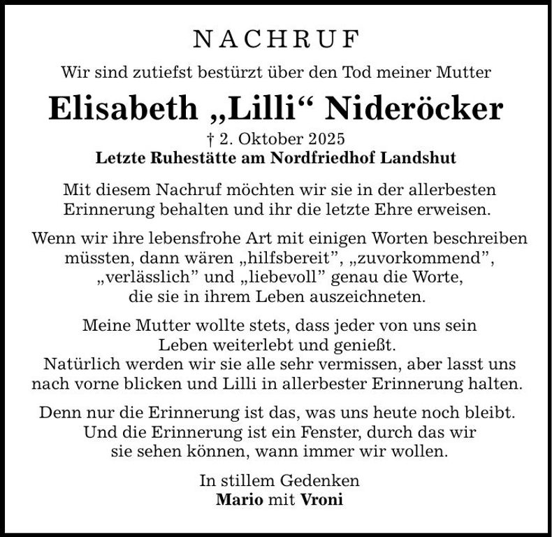 Traueranzeige Elisabeth Nideröcker