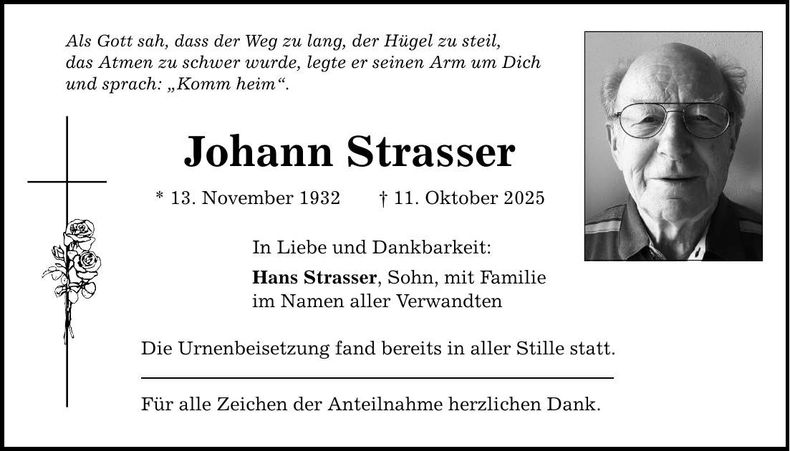 Traueranzeige Johann Strasser