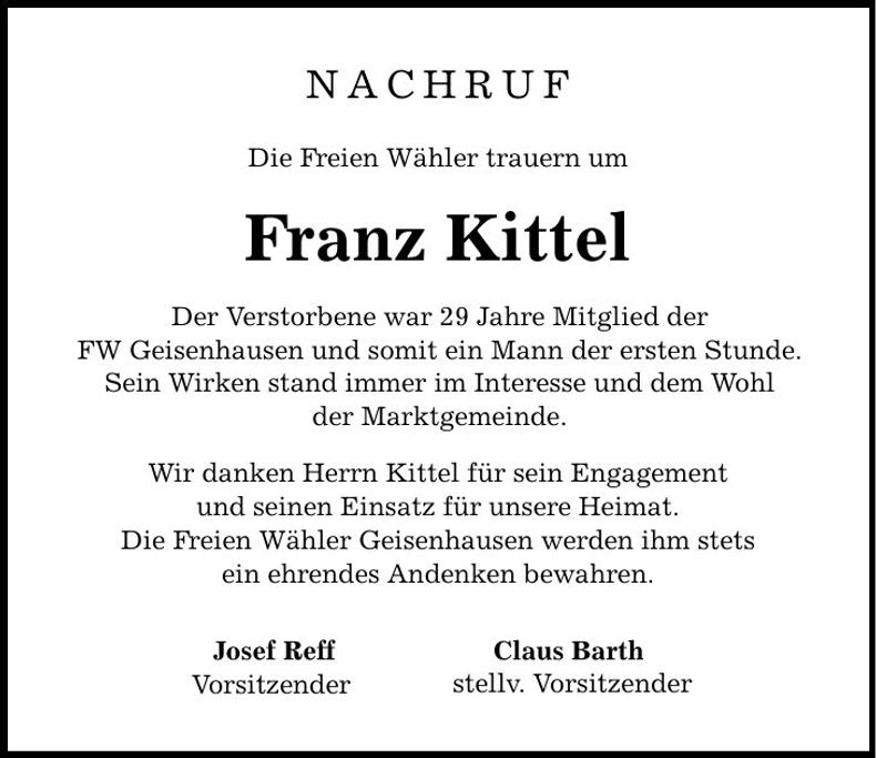 Traueranzeige Franz Kittel