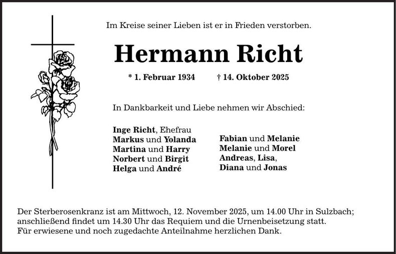 Traueranzeige Hermann Richt