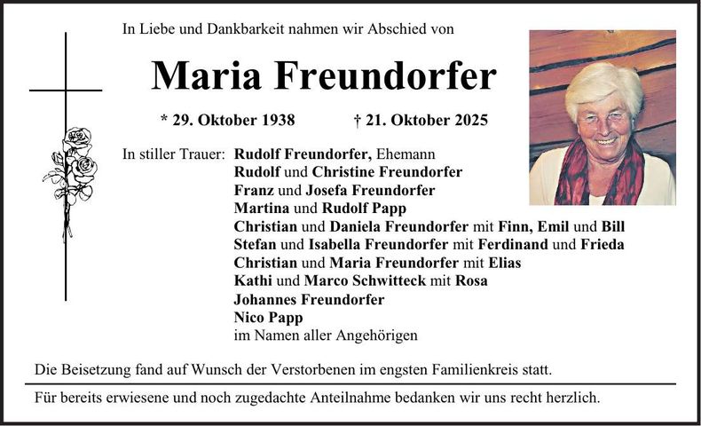 Traueranzeige Maria Freundorfer