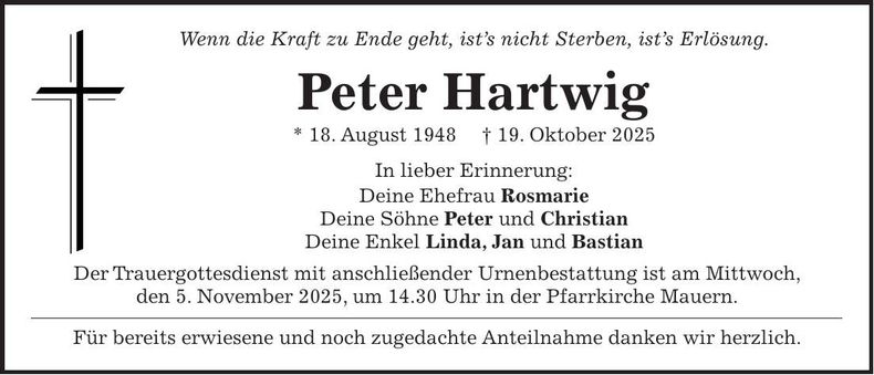 Traueranzeige Peter Hartwig