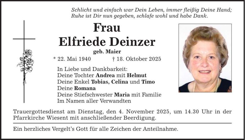 Traueranzeige Elfriede Deinzer