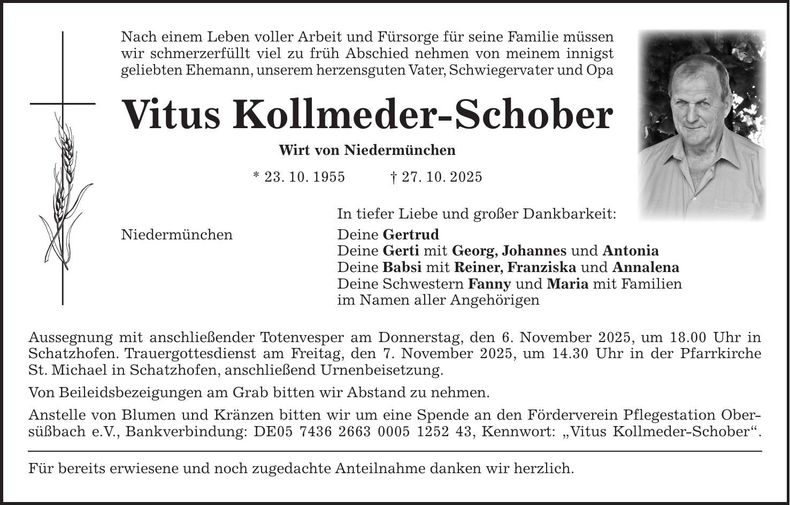 Traueranzeige Vitus Kollmeder-Schober