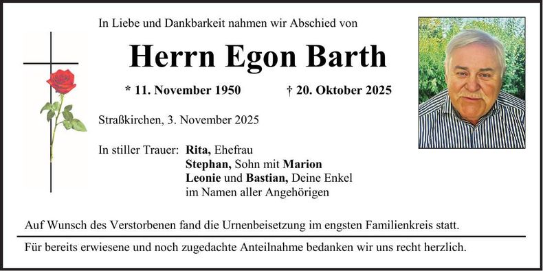 Traueranzeige Egon Barth