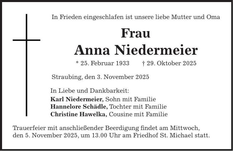 Traueranzeige Anna Niedermeier