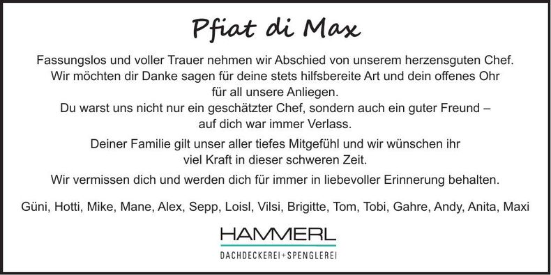 Traueranzeige Max Hammerl