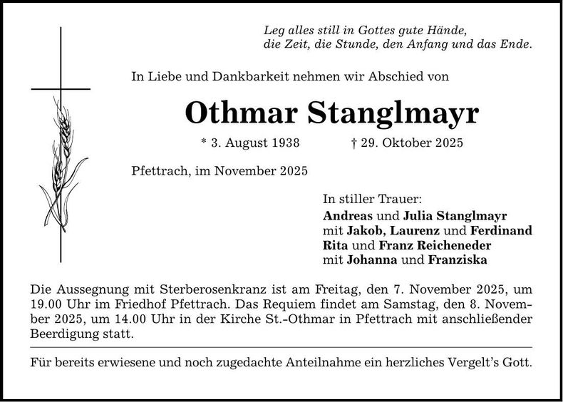 Traueranzeige Othmar Stanglmayr