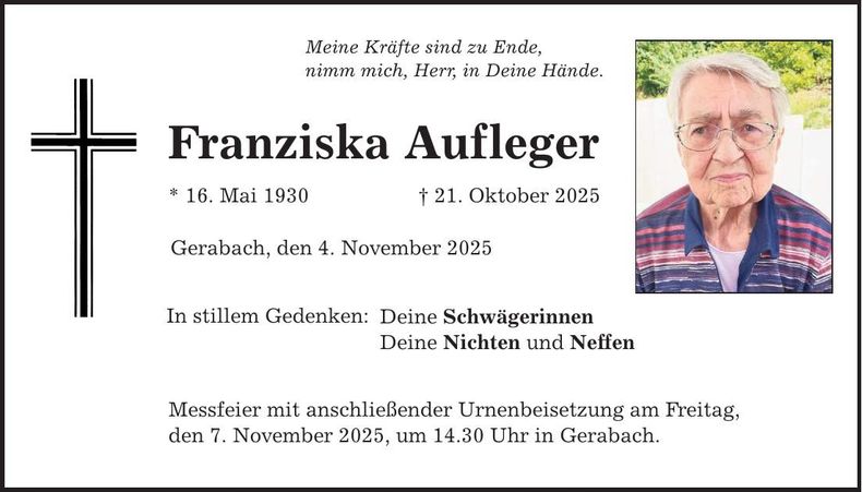 Traueranzeige Franziska Aufleger