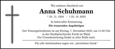 Traueranzeige Anna Schuhmann