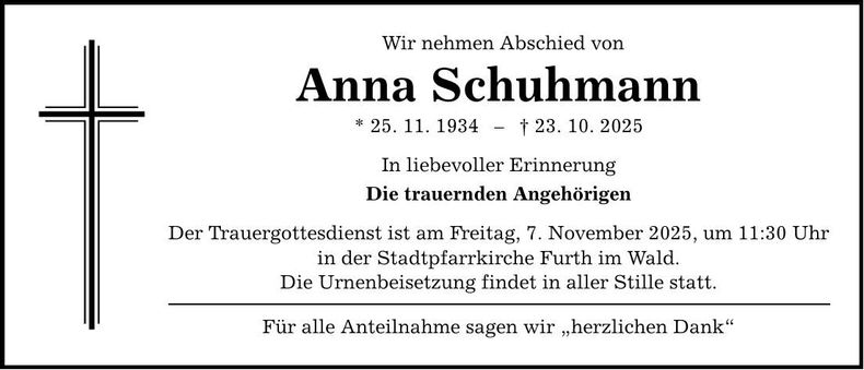 Traueranzeige Anna Schuhmann