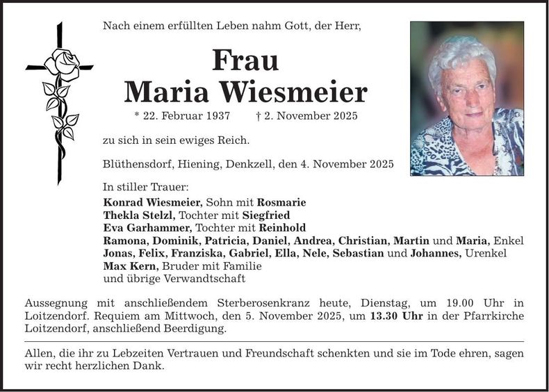 Traueranzeige Maria Wiesmüller