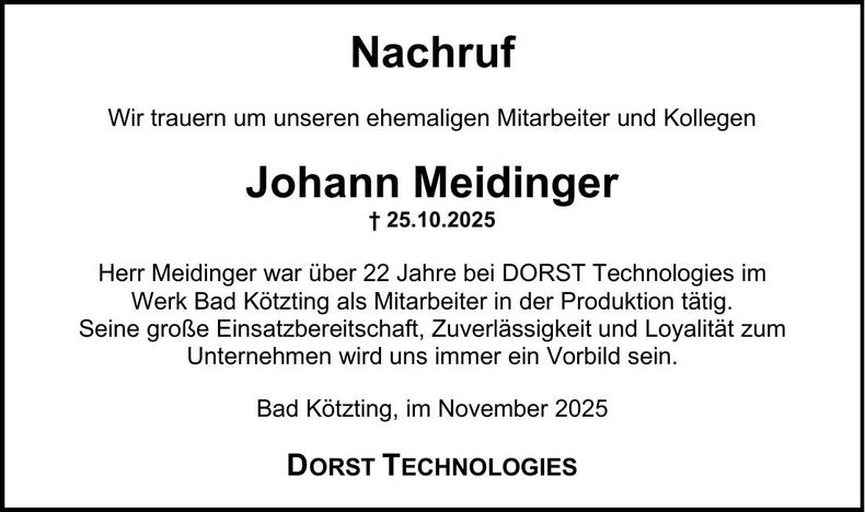 Traueranzeige Johann Meidinger