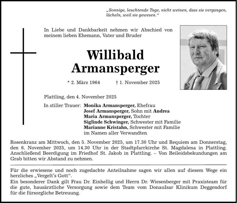 Traueranzeige Willibald Armansperger