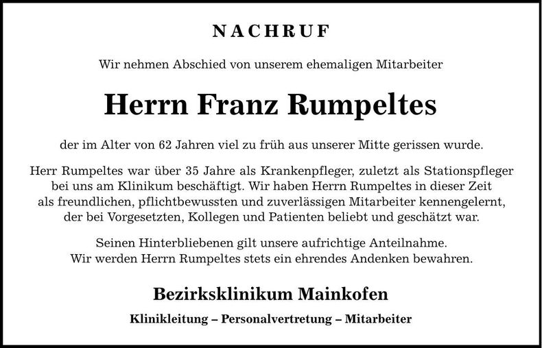 Traueranzeige Franz Rumpeltes