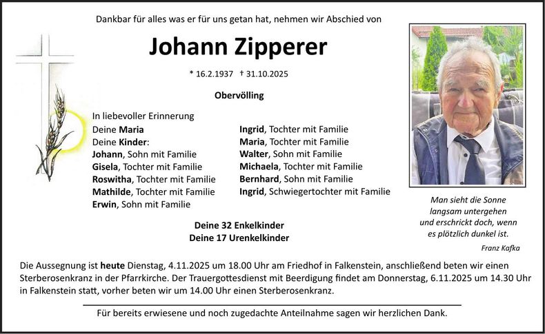 Traueranzeige Johann Zipperer