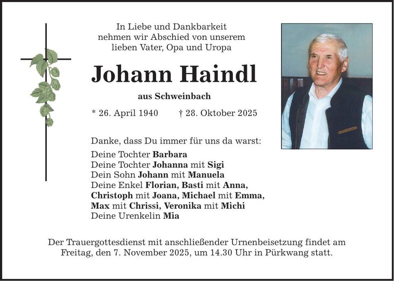 Traueranzeige Johann Haindl