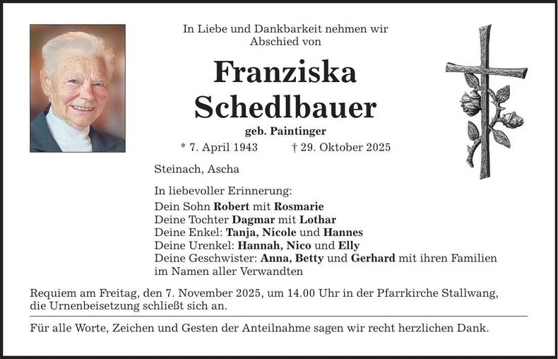 Traueranzeige Franziska Schedlbauer
