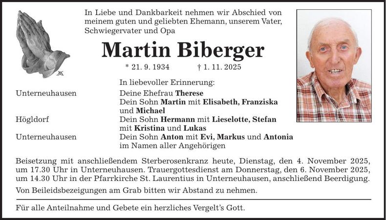 Traueranzeige Martin Biberger