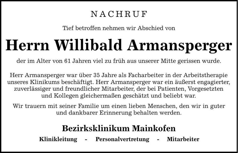 Traueranzeige Willibald Armansperger