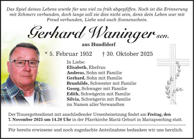 Traueranzeige Gerhard Wanninger