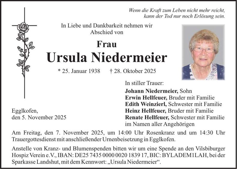 Traueranzeige Ursula Niedermeier