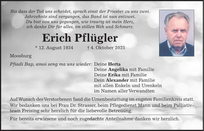 Traueranzeige Erich Pflügler