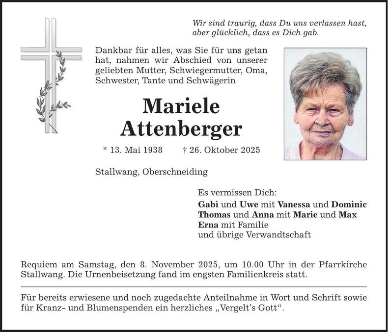 Traueranzeige Mariele Attenberger
