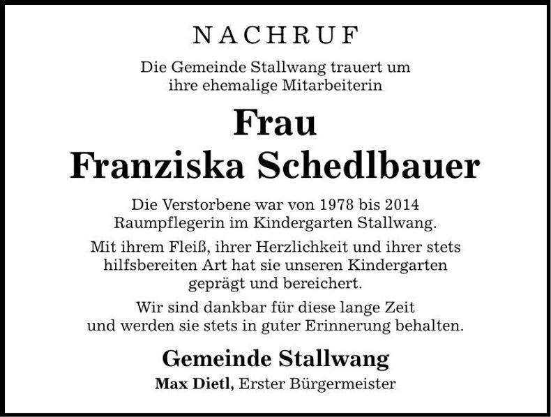 Traueranzeige Franziska Schedlbauer