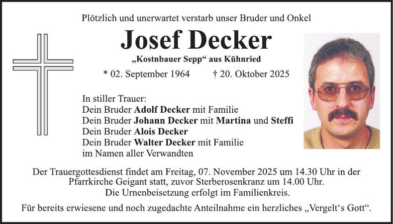 Traueranzeige Josef Decker
