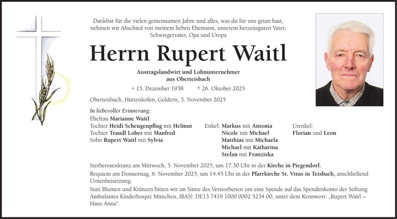 Traueranzeige Rupert Waitl