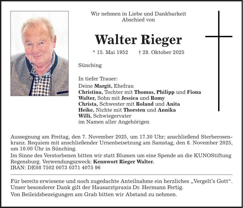 Traueranzeige Walter Rieger